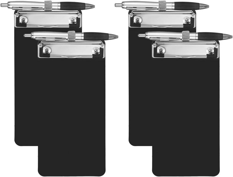 YONHTUTU 4 Pack Small Clipboards with Pen Holder 4X 8.66inch, Plastic Receipt Size Black Clipboard, Mini Clipboard with Retaining Clips, Narrow Memo Size Notepads for Tickets Home Restaurants Office School - Image 1
